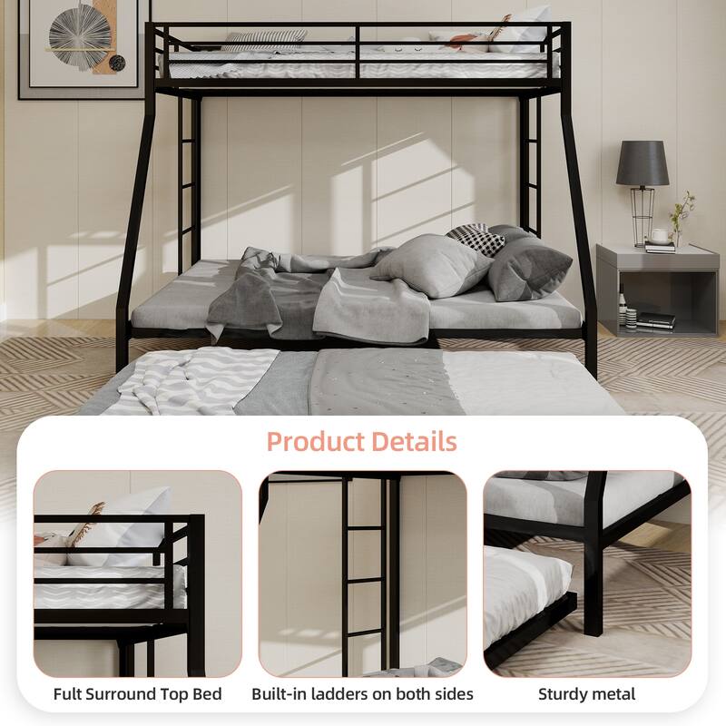 High - Stability Square Tube Bunk Bed, Featuring Ladder & Rolling Trundle, Modern Minimalist Look, Full