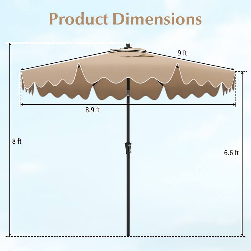 Large 9x8 Feet Polyester Fabric Outdoor Patio Umbrella with Wind Vent and Push Button Tilt Crank Handle