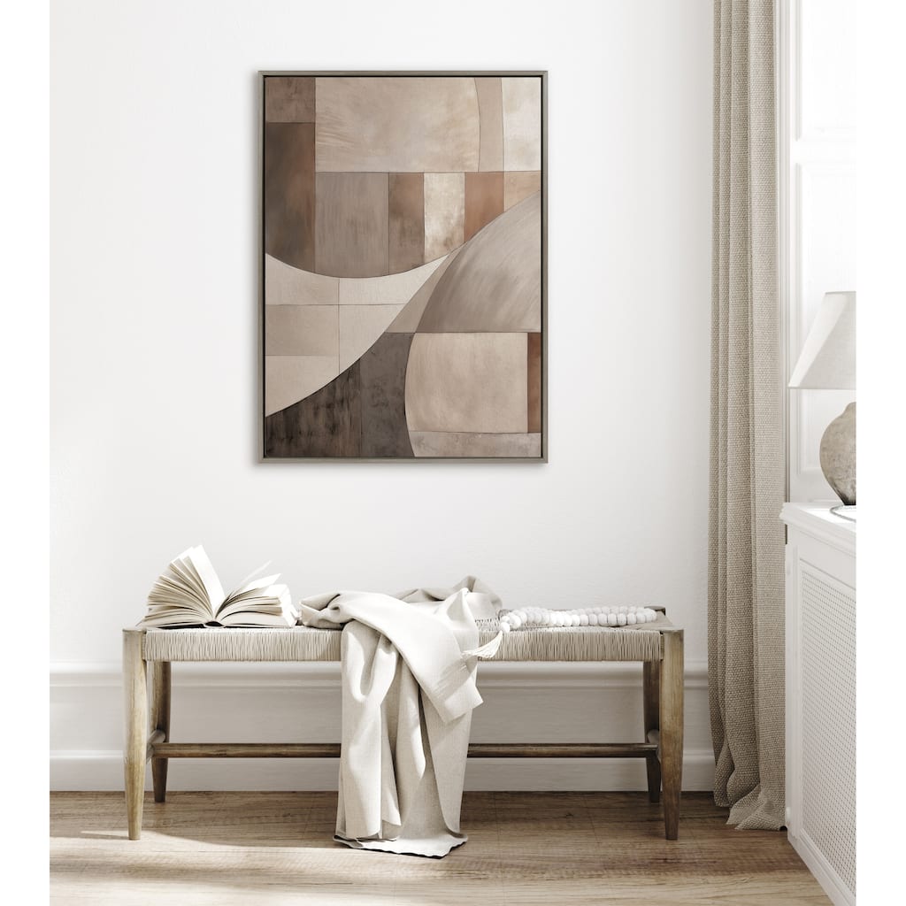 Kate and Laurel Sylvie Curved Grid Abstract on Neutral Linen Framed Canvas by The Creative Bunch Studio