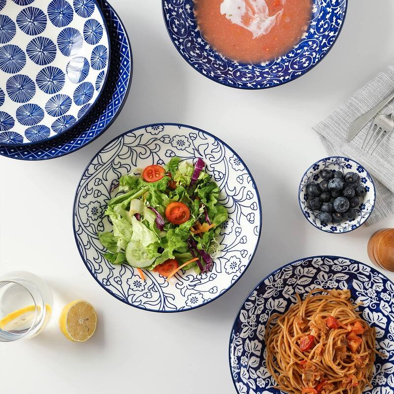 Porcelain 40oz Large Bowls 9 inch Big Pasta Salad Bowls, Microwave and Oven Safe,Set of 6