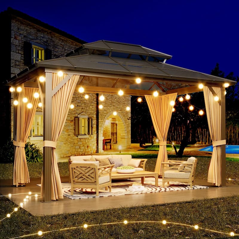 Heavy Duty Double Roof Outdoor Gazebo, with Netting and Sunshade Curtains - Brown - 10*13ft