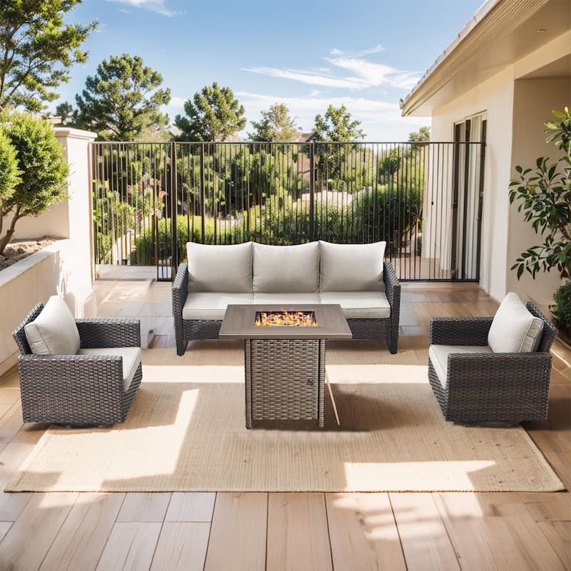 Outdoor Pocassy Sofa Chairs Set with Fire Table - Brown Wicker Beige Cushion - 4 Pieces