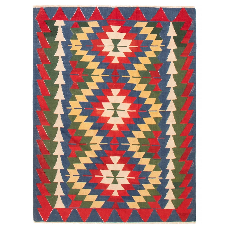 ECARPETGALLERY Flat-Weave Bold and Colorful Red Wool Kilim - 6'2 x 8'1 - Red - 6'2 x 8'1