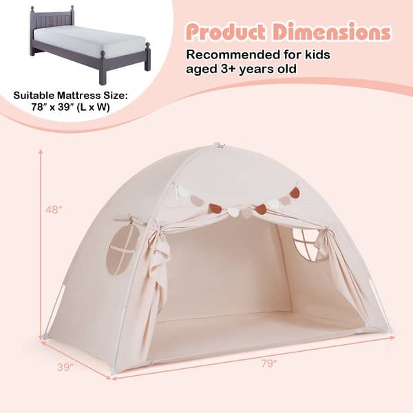 dimension image slide 1 of 2, Gymax Twin Full Size Bed Tent w/2 Windows Flags for Boys & Girls Aged