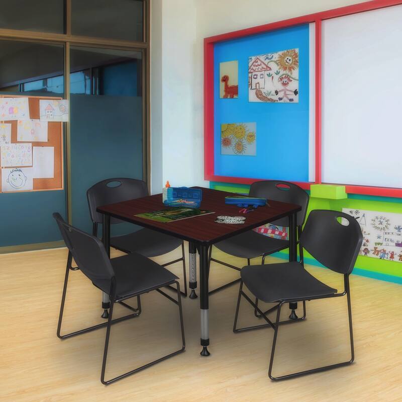 36 in. Square Height Adjustable Classroom Table - Mahogany & 4 Stack Chairs- Black