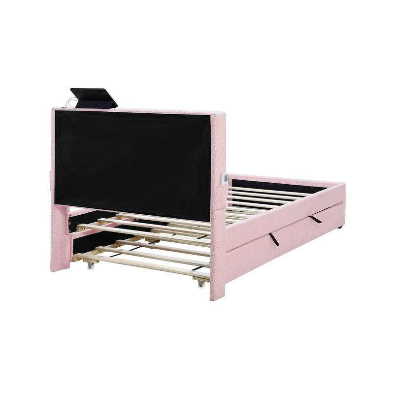Twin Size Upholstered Platform Bed Frame with Trundle Bed, Boucle Fabric, USB and Pocket Storage, Perfect for Small Bedrooms