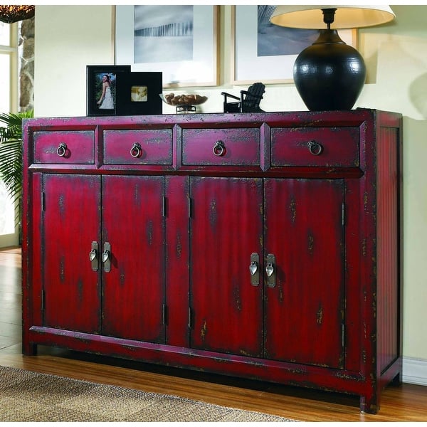 slide 2 of 2, Hooker Furniture 59" Wide Asian Inspired Tall-Waisted Console Cabinet Distressed Rich Red