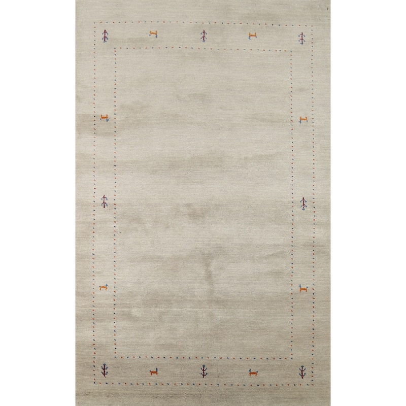 Beige Tribal Gabbeh Oriental Rug Hand-Knotted Wool Carpet - 5'4"x 7'10"