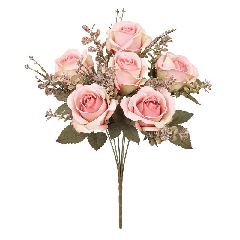 Set of 2 Blush Pink Artificial Rose Flower Stem Bush Bouquet 15in - 15" L x 8" W x 8" DP