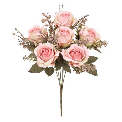 Set of 2 Blush Pink Artificial Rose Flower Stem Bush Bouquet 15in - 15" L x 8" W x 8" DP