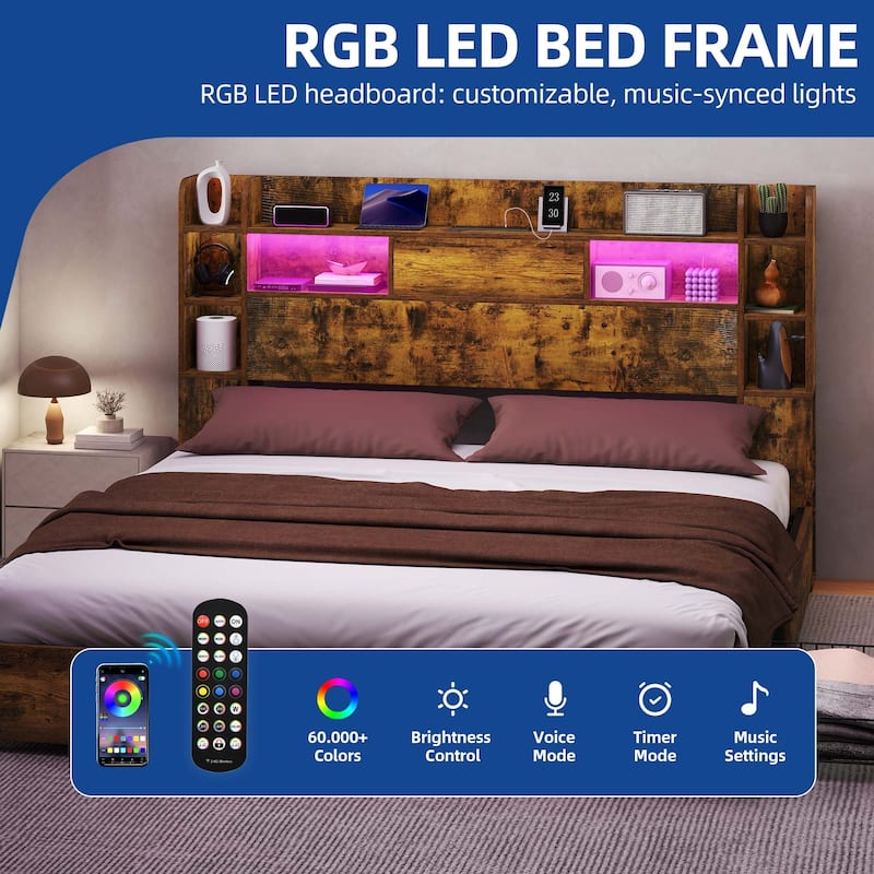 Queen/King Size LED Bed Frame with Bookcase Headboard, 4 Storage Drawers and Charging Station