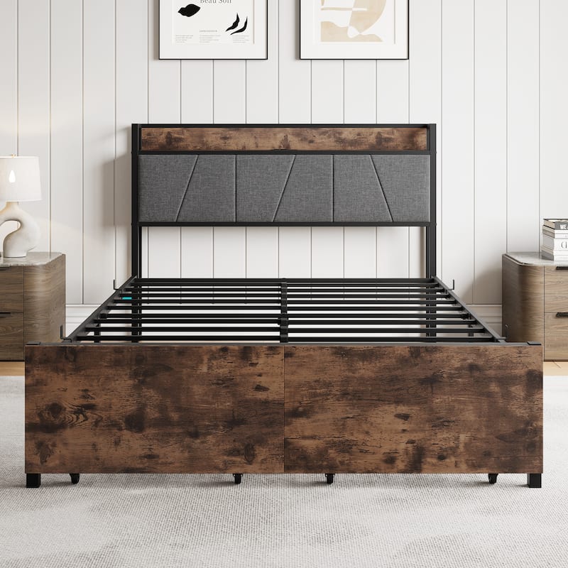 Bed Frame, Storage Headboard with Charging Station and 2 Storage Drawers