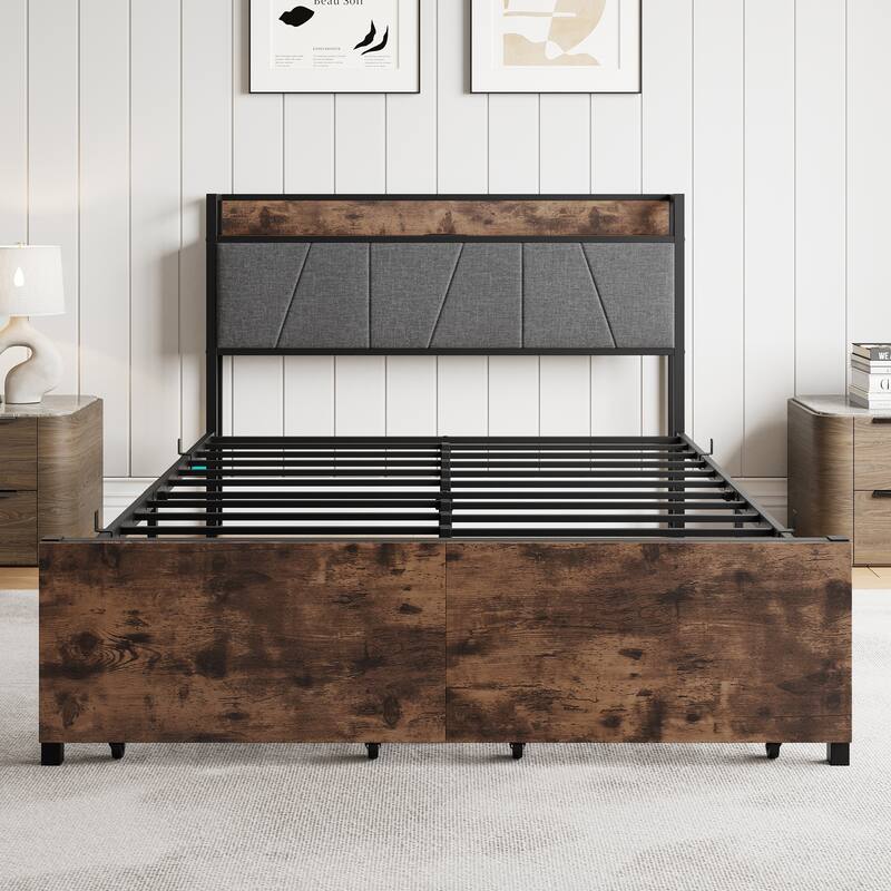 Rustic Style Metal Platform Bed Frame with 2 Drawers & Charging Station