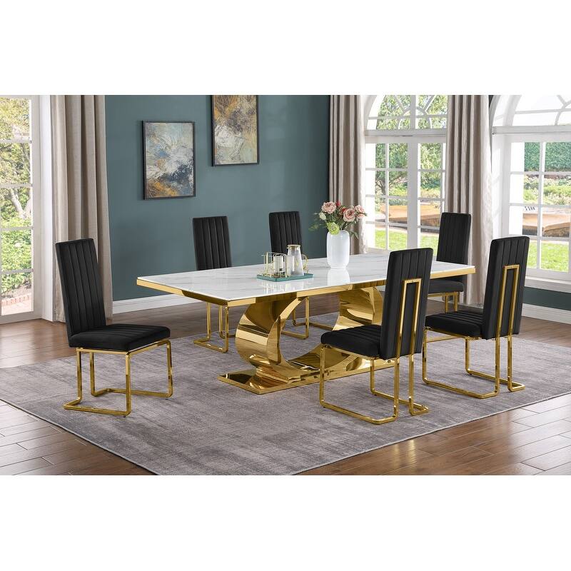 Best Quality Furniture D432/3-SC340-7 Dining Set with 87" White Marble Top - Black / Gold - 7-Piece