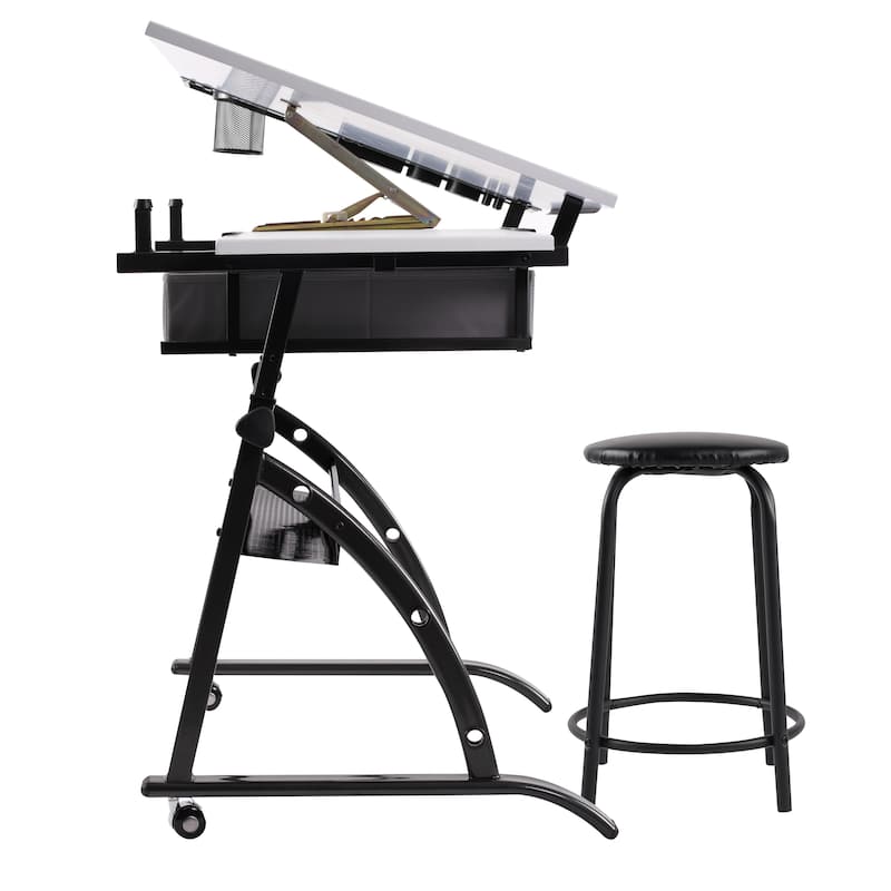 Core Craft Center, 2 piece Drawing, Drafting and Craft Table with Stool, Gunmetal-Gray/White