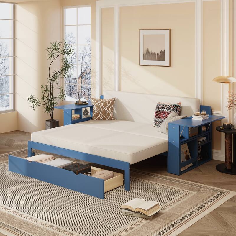Queen Size Daybed with Removable Desk, Storage Drawers & Hydraulic Side Table