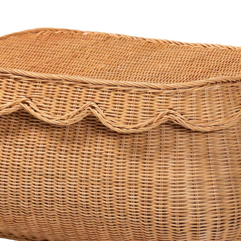 Ayleen Natural Rattan Basket with Scalloped Lid - Handwoven Wicker Storage Box, Boho Coastal Home Décor