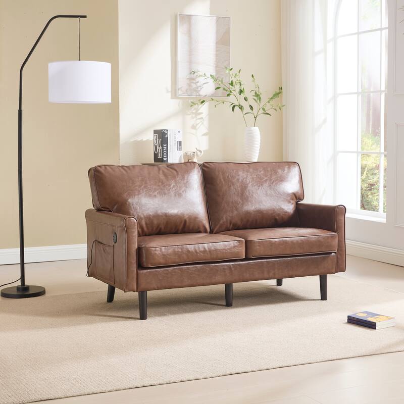 Roomfitters PU Loveseat Sofa, Mid-Century 2-Seater Couch with USB and Removable Pillow Covers for Living Room or Apartment - Brown
