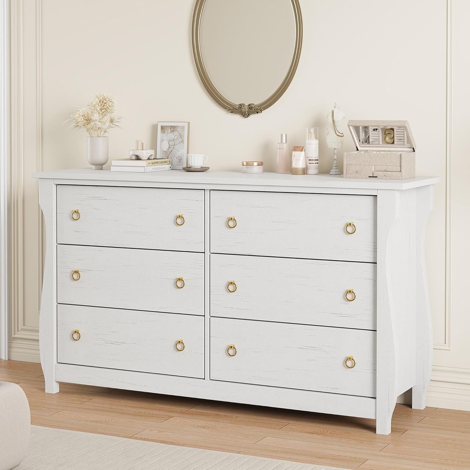 47" White 6 Drawer Dresser, Modern Wood Chest with Ring Pull Handles for Bedroom Entryway
