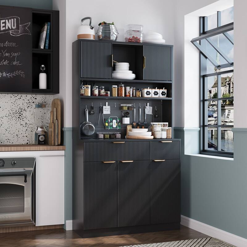 Gymojoy 71" Kitchen Pantry Cabinet with Power Outlets & Pegboard, Freestanding Food Storage Hutch with Microwave Stand