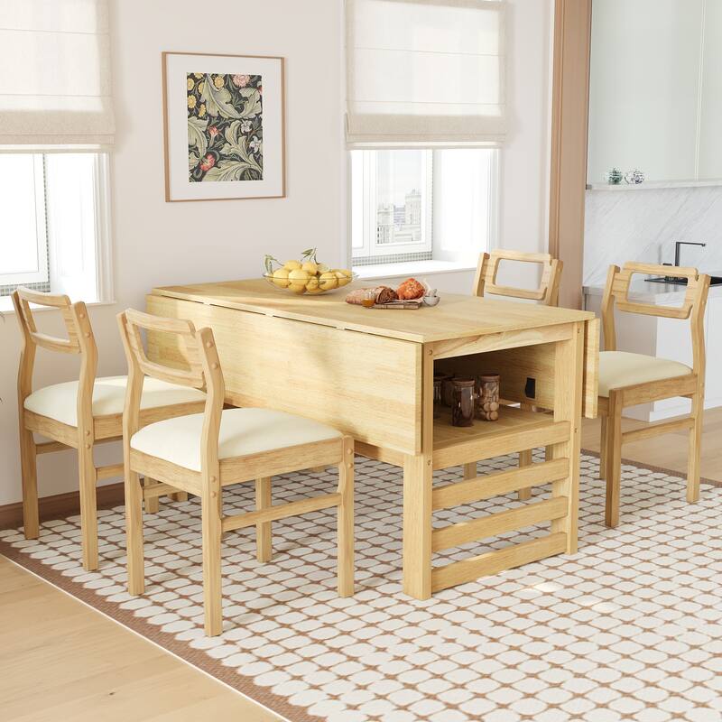 Wood Dining Table Set for 4, Extendable Square Kitchen Table Set with Two Drop Leaves, Storage Shelf and 4 Upholstered Chairs - Natural