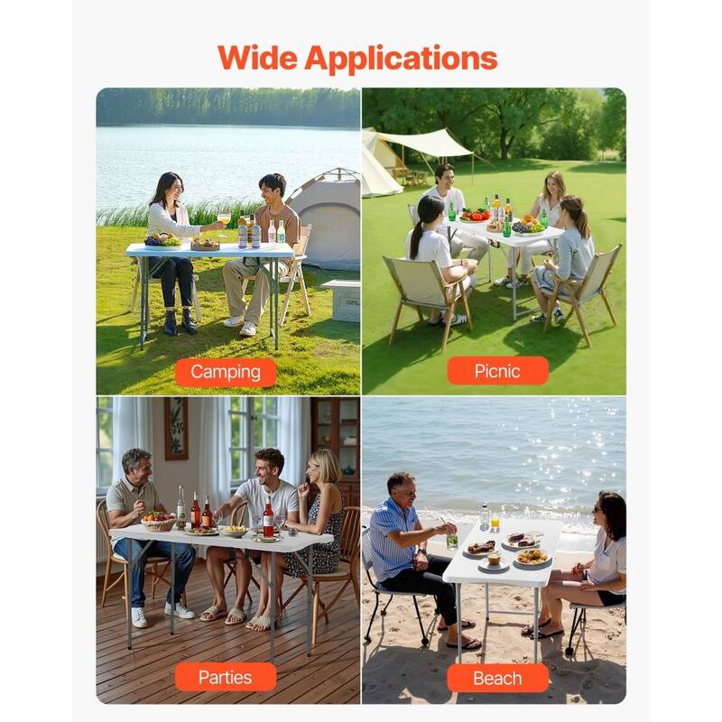 4ft White Portable Folding Camping Table with Adjustable Height for Picnic BBQ Party and Outdoor Use