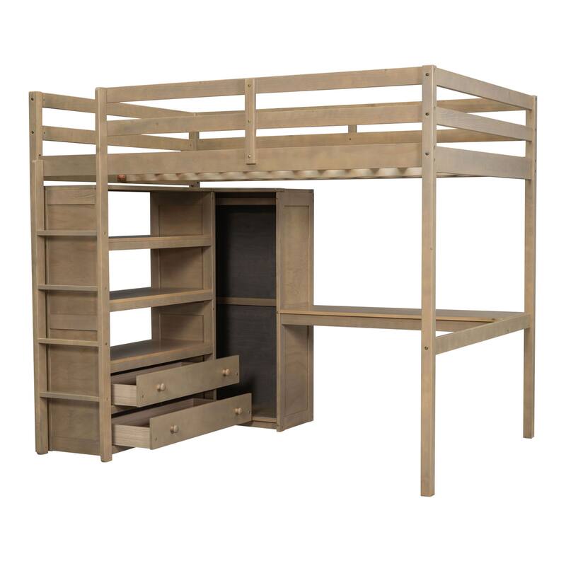 Full Size Pinewood Loft Bed with Built-in Study Desk and Wardrobe, Storage Shelves and 2 Drawers, Full-length Guardrails