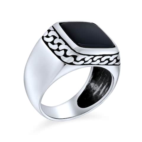 Mens Chain Link Accent Gemstone Statement Rectangle Signet Ring Silver - Black Onyx