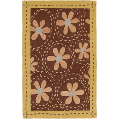 Hand-tufted Gold Floral Bordered Fleur Wool Area Rug - 9' x 13'