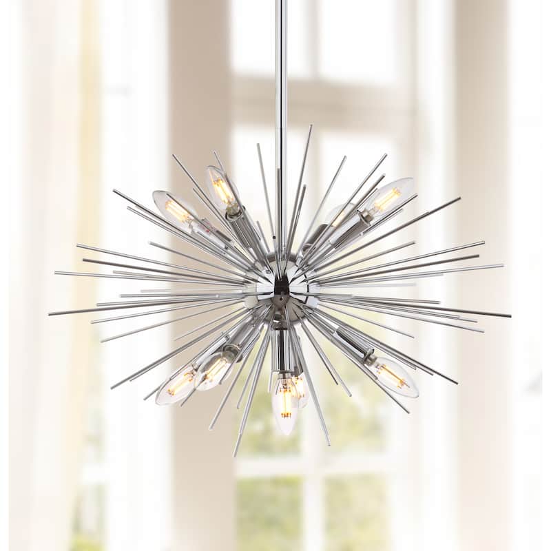 SAFAVIEH Lighting Annechien Silver Sunburst 9-Light Led Adjustable Pendant - 23.5" W x 23.5" D x 17-47" H - 24Wx24Dx47H