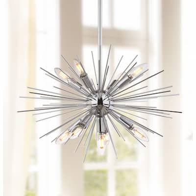SAFAVIEH Lighting Annechien Silver Sunburst 9-Light Led Adjustable Pendant - 23.5" W x 23.5" D x 17-47" H - 24Wx24Dx47H