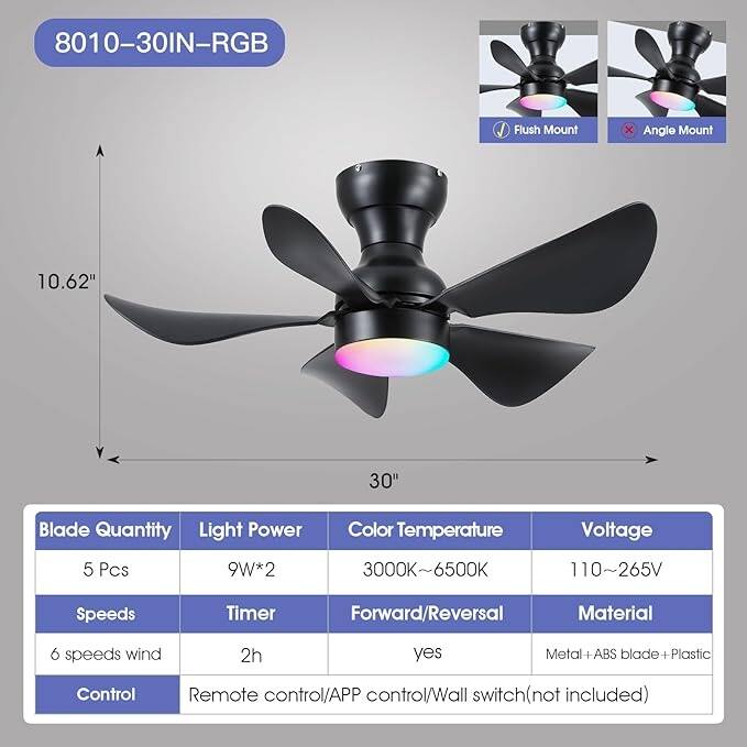 36/46 inches RGB Flush Mount Ceiling Fan with Light and Remote