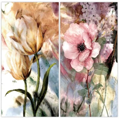 "Pastel Fleur I&II" Frameless Free Floating Reverse Printed Tempered Glass Wall Art Set of 2