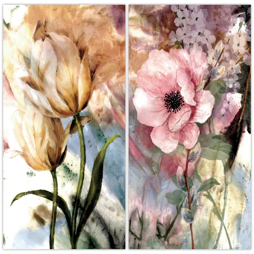 "Pastel Fleur I&II" Frameless Free Floating Reverse Printed Tempered Glass Wall Art Set of 2