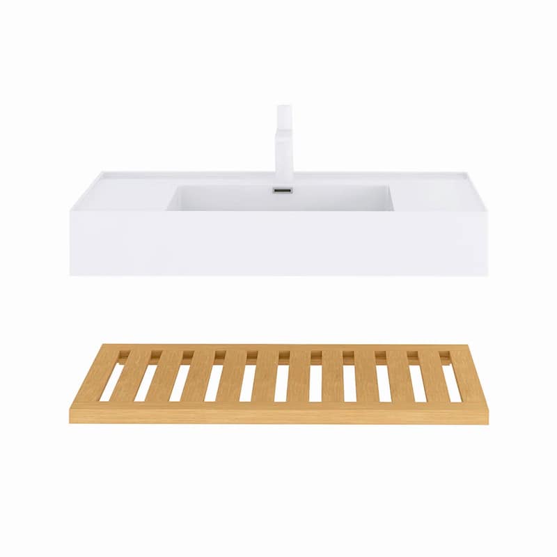 Wall-Mounted Bathroom Vanity in Natural Wood with White Integrated Acrylic Sink