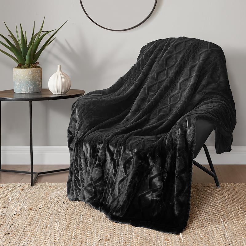 Lucky Brand Embossed Cable Rabbit Synthetic Fur 50" x 70" Throw Blanket - Black