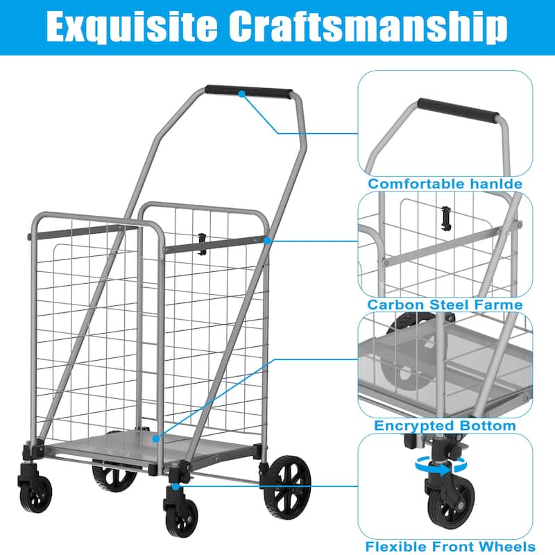 Foldable Grocery Shopping Cart with Shelf & Double Basket and 360 Rolling Swivel Wheels