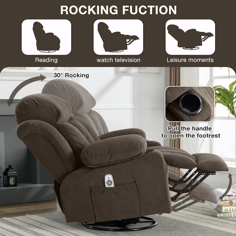 Swinging Recliner Massage Heated Sofa, with USB and 2 Cup Holders in Side Pockets