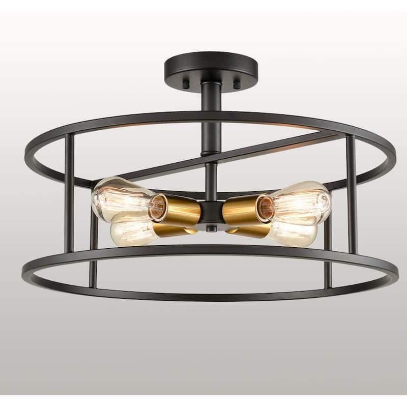 Ferrazoli Industrial Black & Brass Metal Drum Cage Semi Flush Ceiling Light