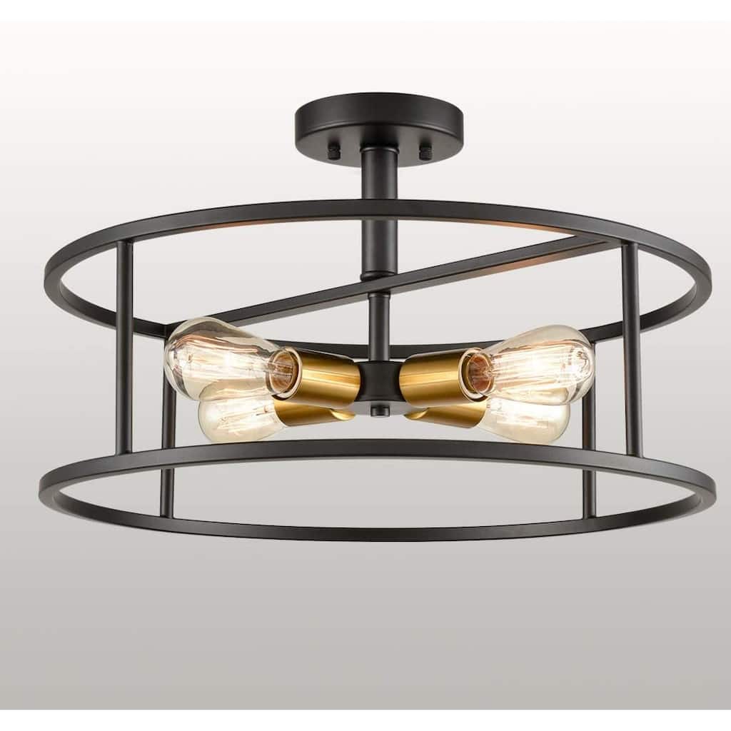 Ferrazoli Industrial Black & Brass Metal Drum Cage Semi Flush Ceiling Light