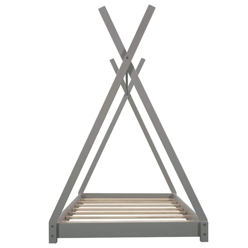 Gray Twin Wood House Platform Bed with Triangle Design