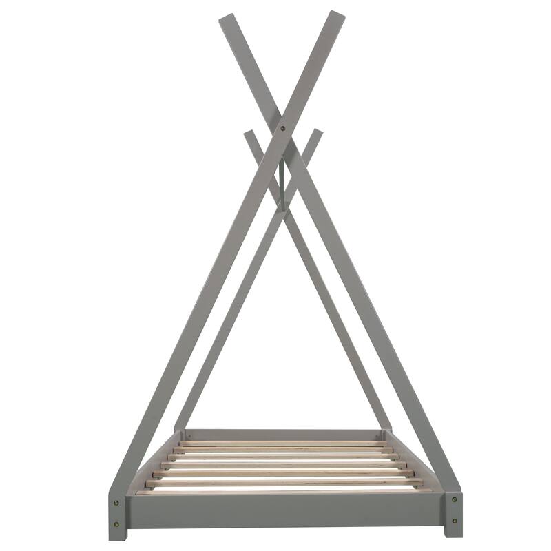 Twin Size House Platform Bed with Triangle Structure, Pine Wood Frame, Ideal for Kids