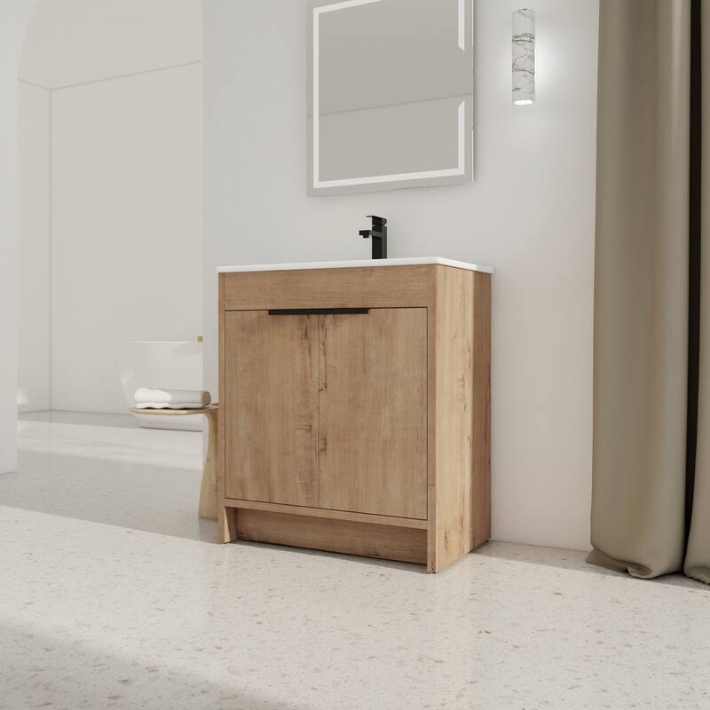 Freestanding Bathroom Vanity with Ceramic Sink, Adjustable Shelf, Metal Handles, Soft Closing Hinges - 30in L Plywood