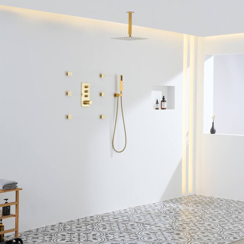 3 Functions 12 Inch Ceiling Mounted Thermostatic Shower System in Brushed Gold