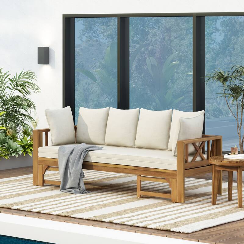 Outdoor Extendable Acacia Wood 3 Seater Sofa, Upholstered Cushion Couch, Daybed Sofa Chair, Spacious Seating Lounge Chair