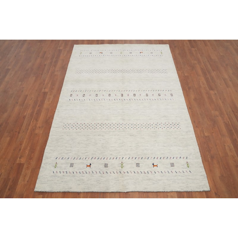Hand Knotted Oriental 100% Wool Carpet Tribal Animal Pictorial Beige & Ivories Gabbeh Area Rug - 7' 10'' X 5' 1''
