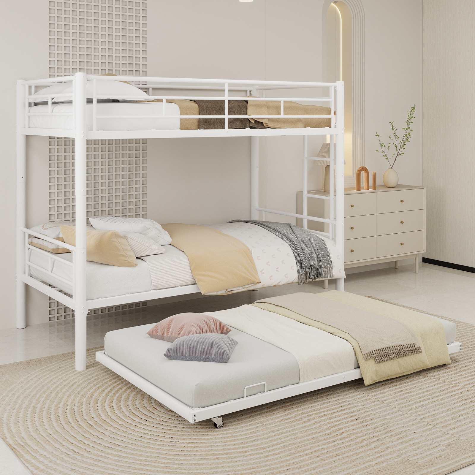 GDFStudio - Heavy-Duty Metal Twin over Twin Bunk Bed with Guardrail