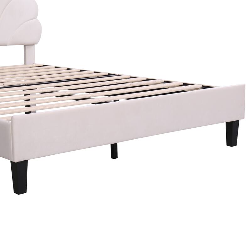 Modern Queen Size Platform Bed, Velvet Upholstered Bed Frame with Flower Pattern Headboard and Solid Wood Slats Support