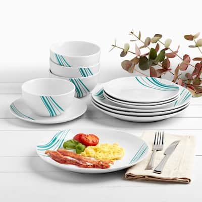 Tabletops Gallery Marina 12 Piece Porcelain Dinnerware Set in White with Aqua Stripes- Service for 4