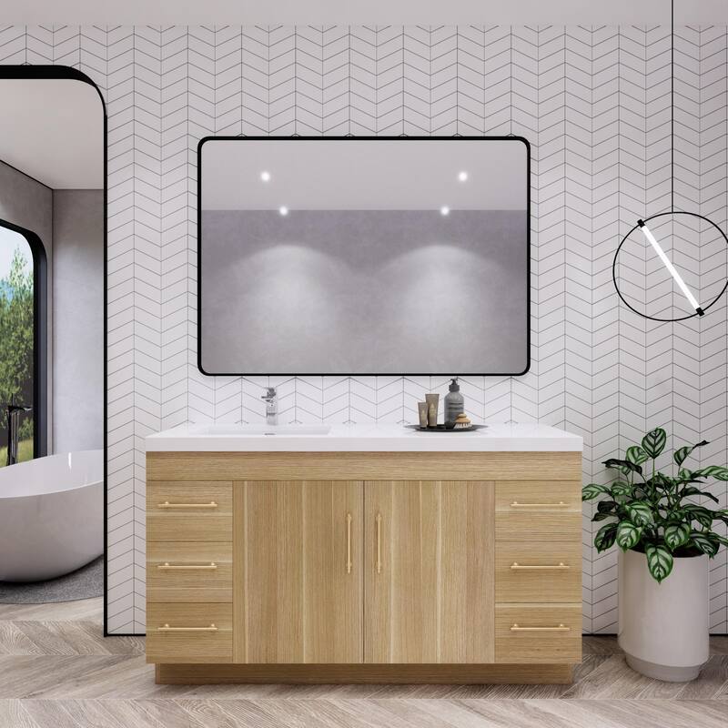 Eliza 60'' Freestanding Vanity with Single Sink on the Left - 60'' Width Left Single Sink - Champagne Oak
